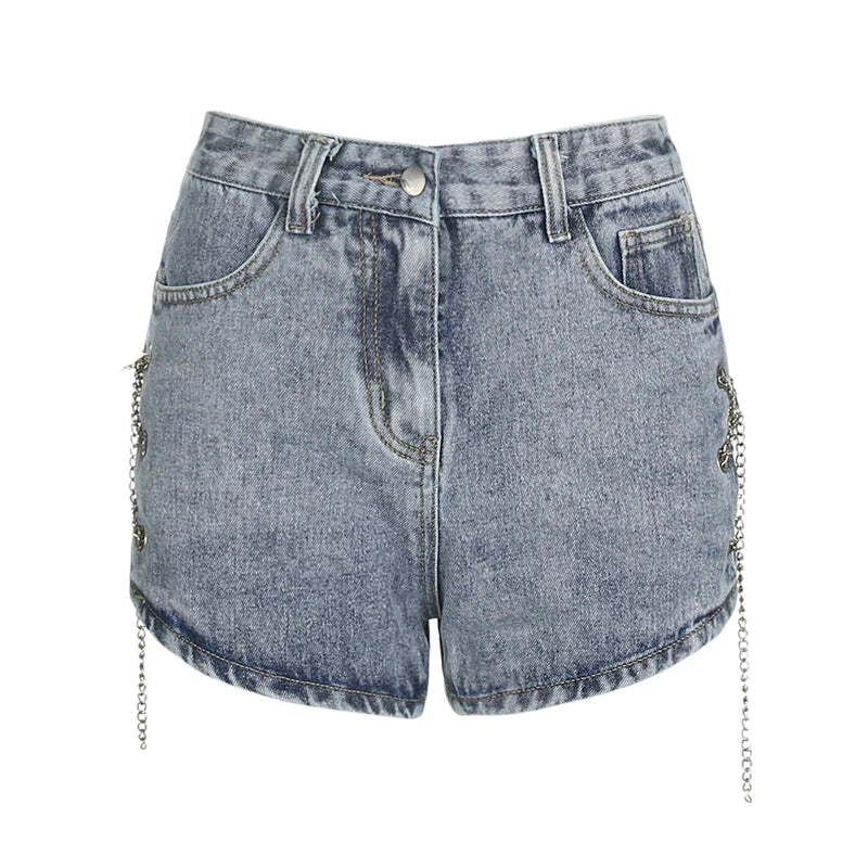 Women's Polyester High Waist Zipper Fly Casual Plain Denim Shorts