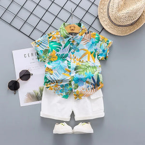 Kid's Boy Cotton Turn-Down Collar Short Sleeves Swimwear Set