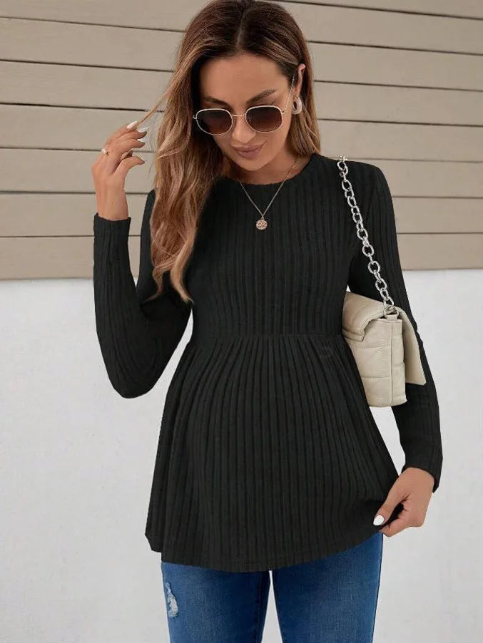 Women’s Polyester O-Neck Long Sleeves Pleated Maternity Dress