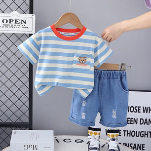 Kid's Boys Cotton Short Sleeves Striped Pattern Casual Clothes