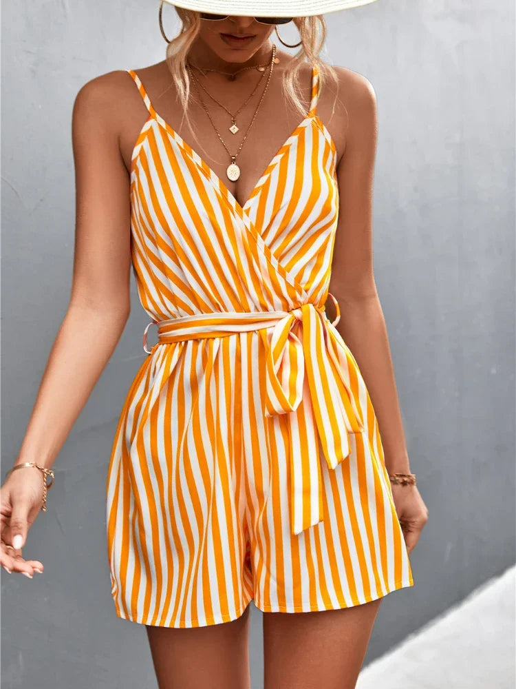 Women's Polyester V-Neck Sleeveless Striped Pattern Jumpsuit