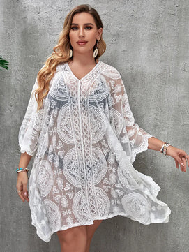 Women's Rayon Long Sleeves Patchwork Pattern Beach Cover Up