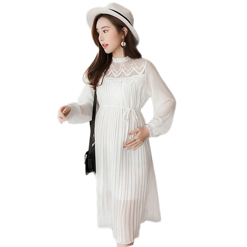 Women's Spandex Boat Neck Long Sleeve Pleated Maternity Dress