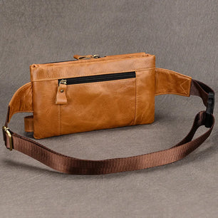 Men's Genuine Leather Solid Pattern Zipper Closure Waist Pack