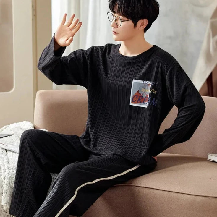 Men's Cotton Full Sleeve O-Neck Patchwork Pattern Sleepwear