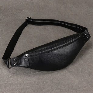 Men's Genuine Leather Solid Pattern Zipper Closure Waist Pack