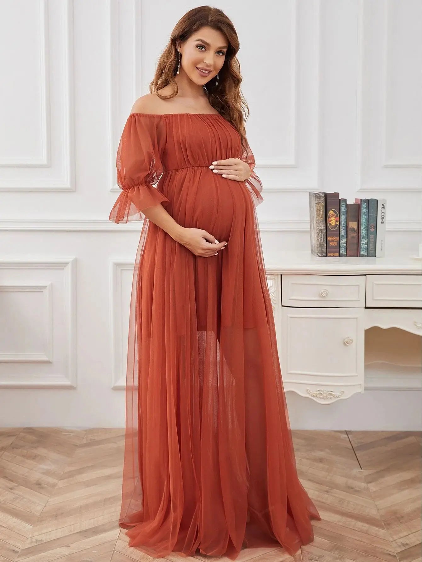 Women's Polyester Square-Neck Short Sleeve Pleated Maternity Dress