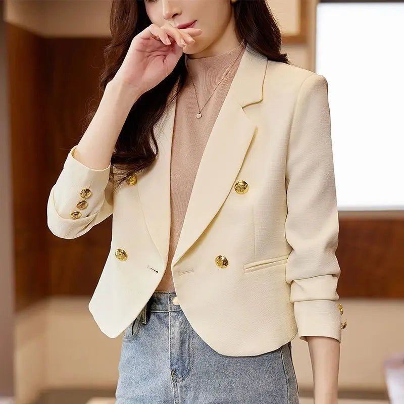 Women's Notched Collar Full Sleeves Double Breasted Solid Blazers