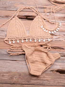 Women's Cotton Mid Waist Swimwear Knitted Pattern Bikini Set