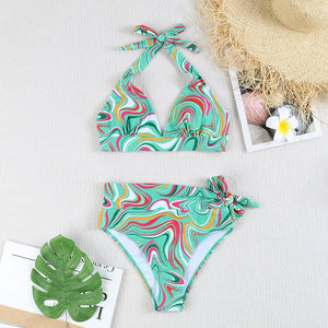 Women's Polyester V-Neck Sleeveless Mid Waist Swimwear Bikini Set