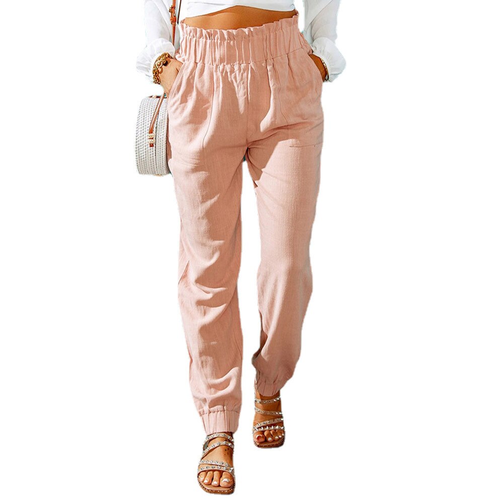 Women's Cotton Elastic Mid Waist Closure Plain Elegant Pants