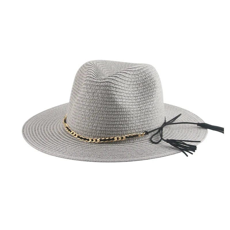 Women's Straw Solid Pattern Trendy Sun Protection Chain Brim Hat