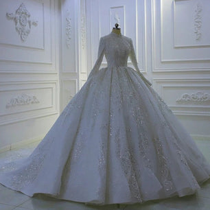 Women's High-Neck Long Sleeve Court Train Ball Gown Wedding Dress