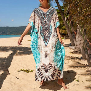 Women's Polyester Short Sleeves Printed Pattern Swimwear Cover Up