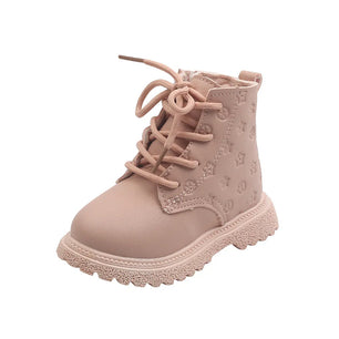 Kid's PU Leather Round Toe Cross Lace-Up Patchwork Casual Boots