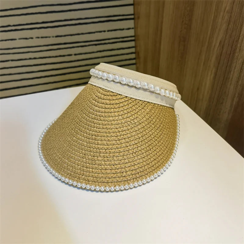 Women's Straw Adjustable Beaded Pattern Sun Protection Brim Hat