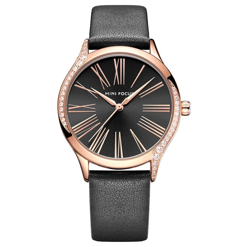 Women's Leather Round Shaped Waterproof Elegant Luxury Watch