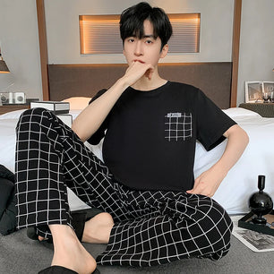 Men's Cotton O-Neck Short Sleeves Trendy Sleepwear Pajamas Set