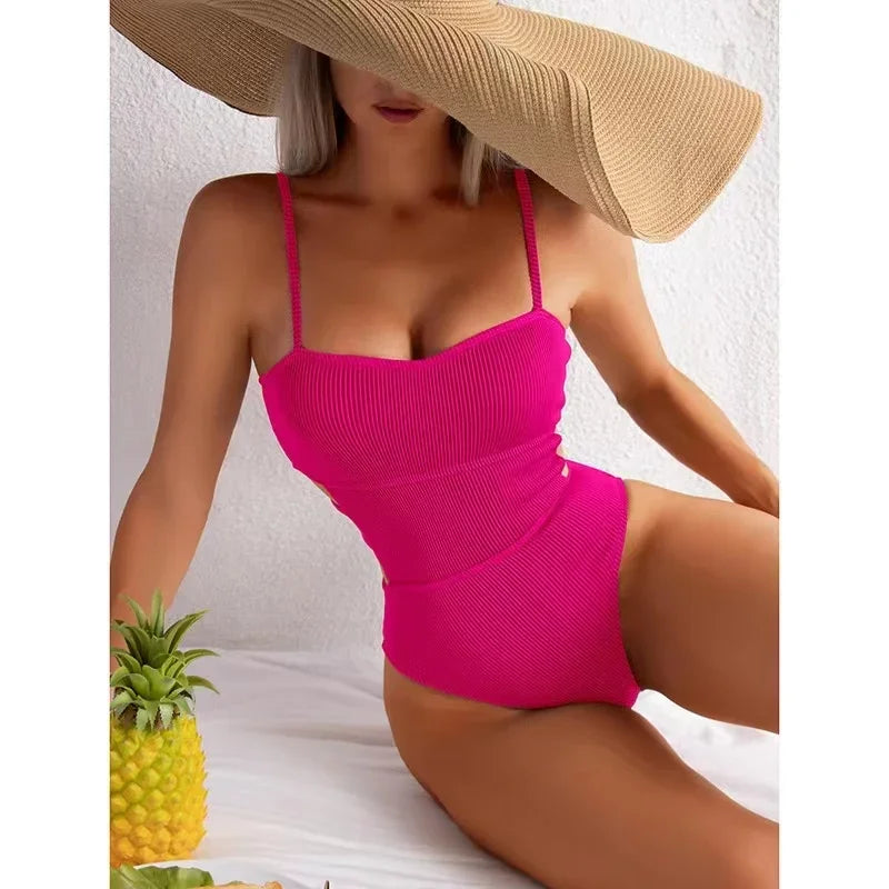 Women's Polyester High Waist Solid Pattern Bathing One-Piece