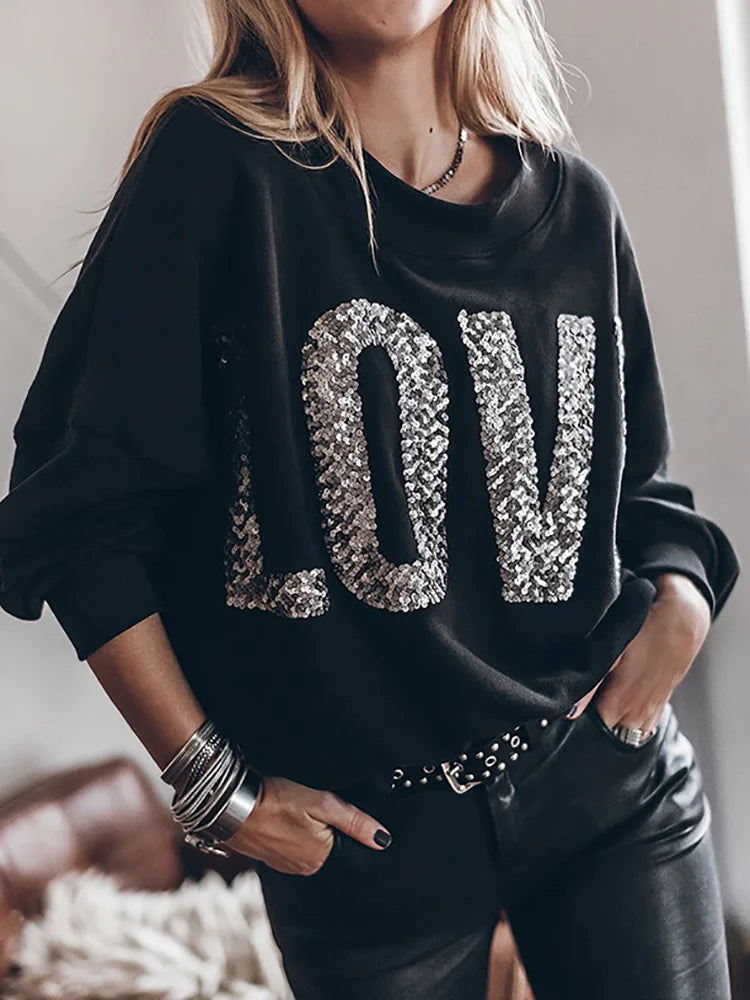 Women's V-Neck Polyester Long Sleeve Letter Pullover Blouses