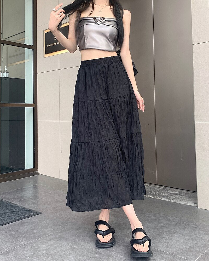 Women's Polyester Casual Wear Solid Pattern Elastic Waist Skirt