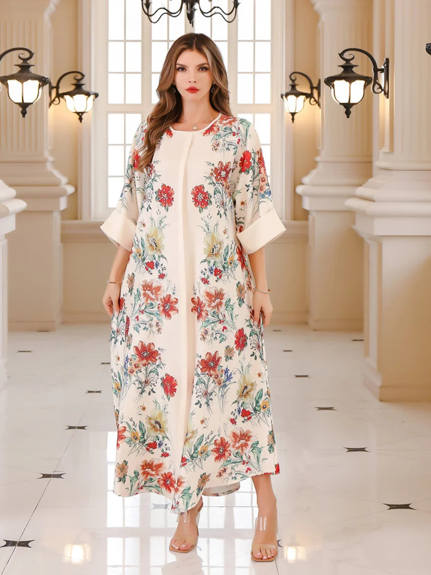 Women's Arabian Polyester Full Sleeves Floral Pattern Dress