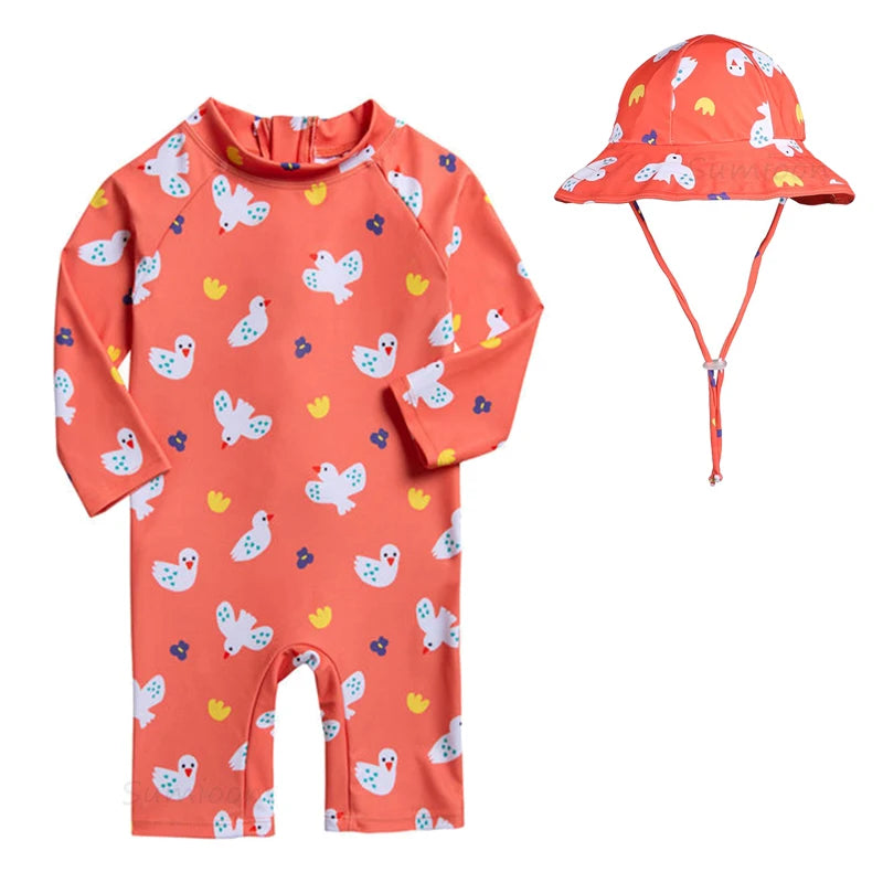 Kid's Girl Spandex Full Sleeve Printed Pattern Swimsuit With Cap