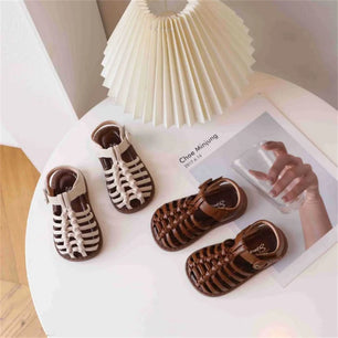 Kid's Leather Round Toe  Hook Loop Closure Solid Pattern Sandals