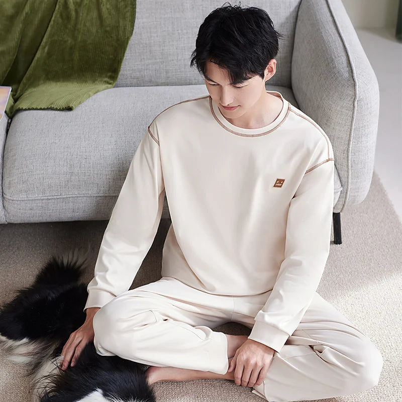 Men's Cotton O-Neck Long Sleeve Solid Pattern Sleepwear Set