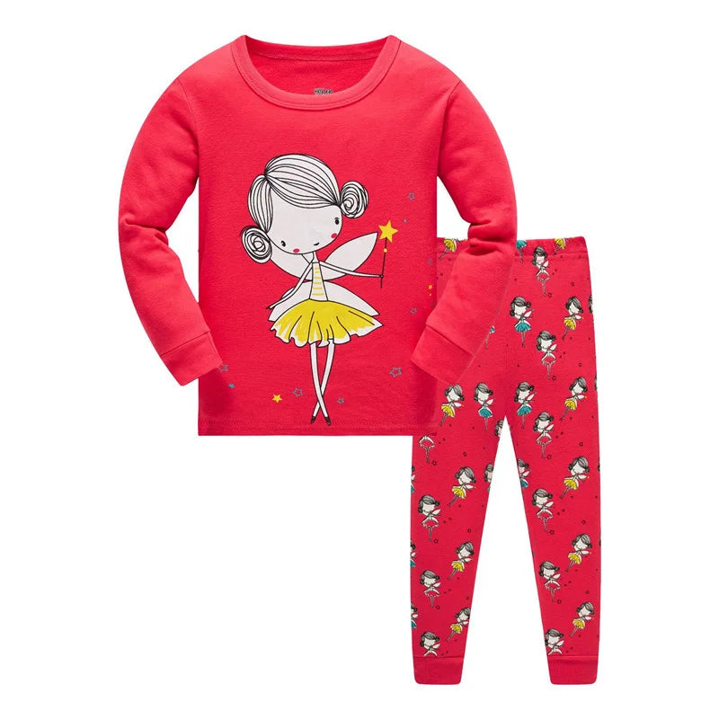 Kid's Girl Spandex O-Neck Long Sleeve Cartoon Sleepwear Set