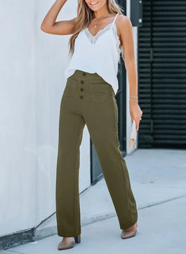 Women's Polyester High Waist Button Fly Closure Casual Trousers