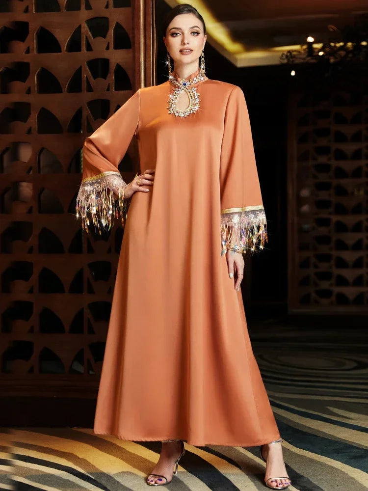 Women's Arabian Polyester Full Sleeves Rhinestone Casual Dress