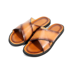 Men's Genuine Leather Round Toe Slip-On Closure Luxury Slippers