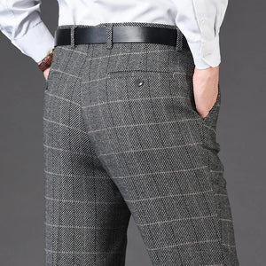 Men's Rayon High Waist Zipper Fly Closure Plaid Casual Pants