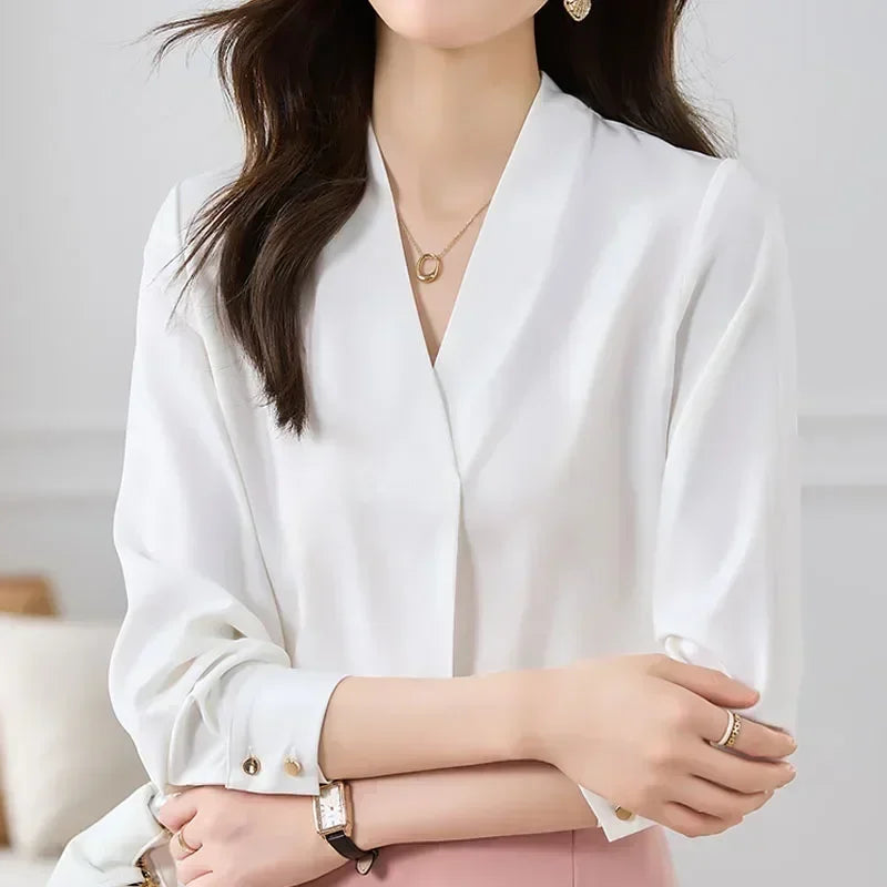 Women's V-Neck Polyester Long Sleeves Solid Pattern Casual Blouses