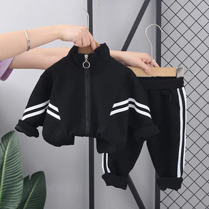 Kid's Polyester Full Sleeves Striped Pattern Zipper Tracksuit