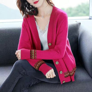 Women's Acrylic V-Neck Full Sleeves Casual Wear Vintage Cardigans