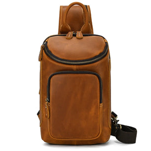 Men's Genuine Leather Zipper Closure Solid Pattern Shoulder Bag