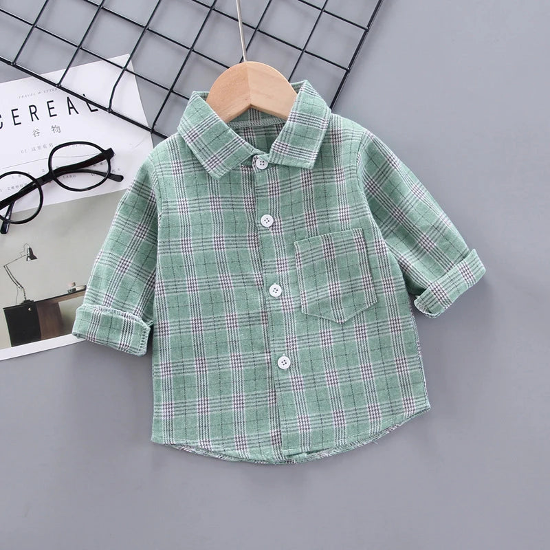 Kid's Cotton Turn-Down Collar Full Sleeve Plaid Pattern Shirt