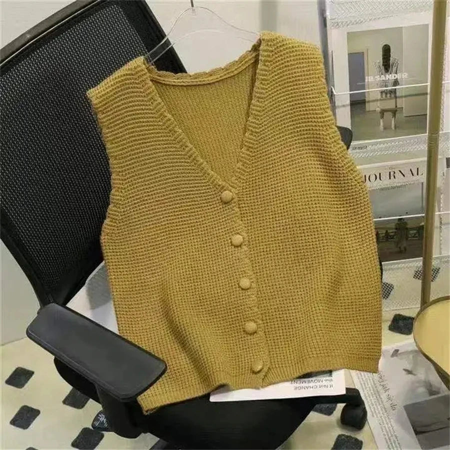 Women's Acrylic V-Neck Solid Pattern Single Breasted Sweater