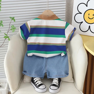 Baby Boy's Cotton Short Sleeves Striped Pattern Trendy Dress