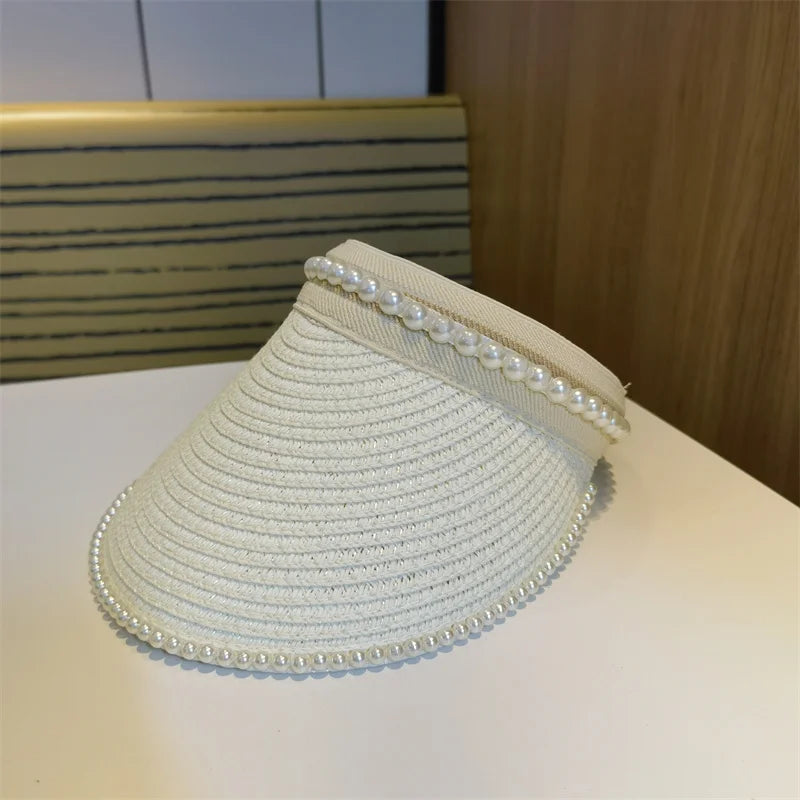 Women's Straw Adjustable Beaded Pattern Sun Protection Brim Hat