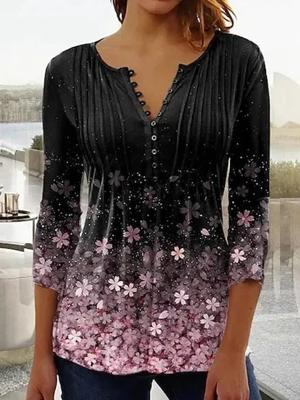 Women's Polyester V-Neck Long Sleeves Floral Pattern Mini Blouse