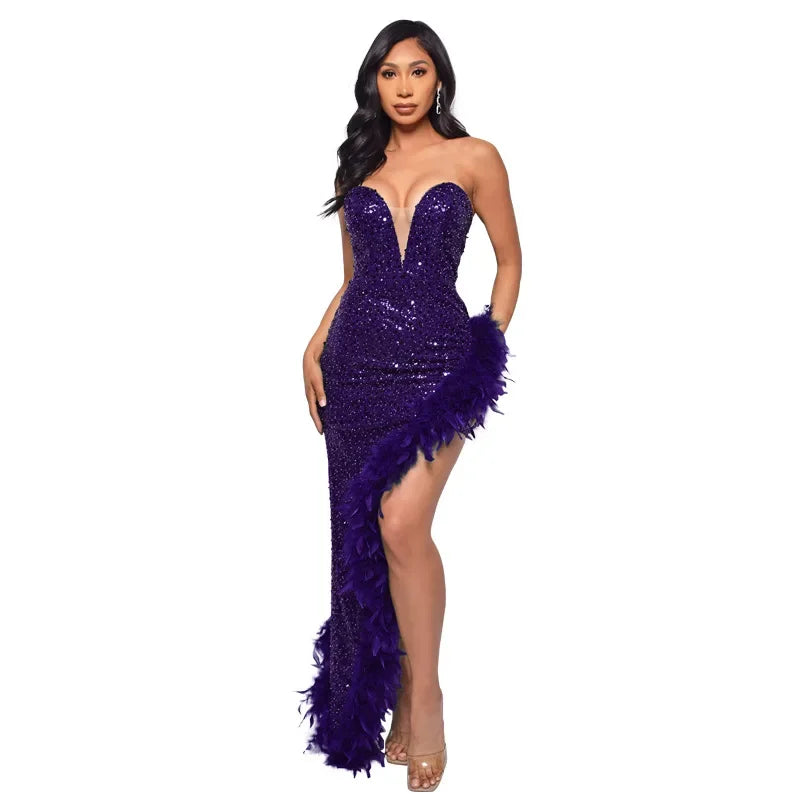 Women's Polyester Open-Heart Neck Sequined Party Wear Dress