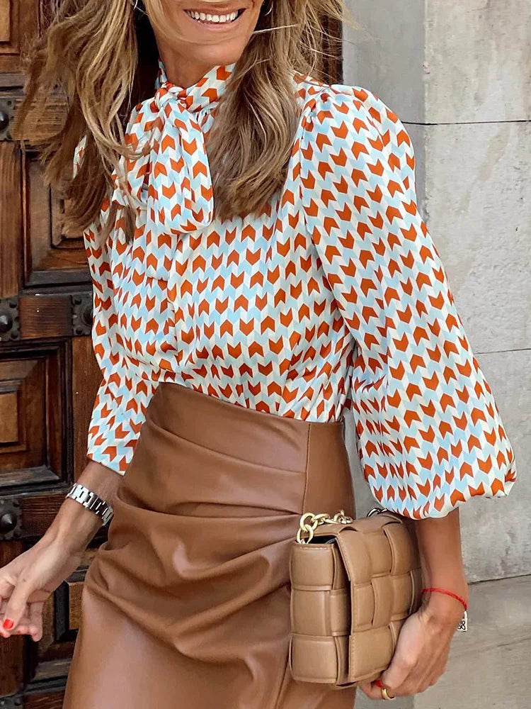 Women's Polyester Stand Collar Long Sleeves Casual Printed Blouse