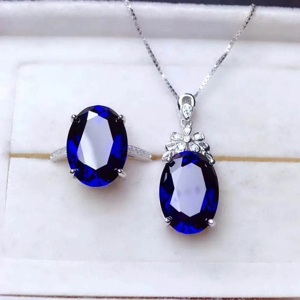 Women's 925 Sterling Silver Sapphire Geometric Classic Jewelry Set