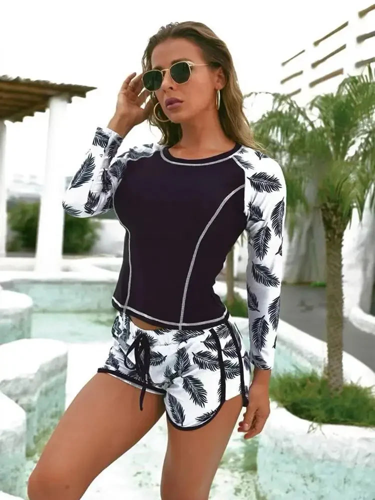 Women's Polyester O-Neck Long Sleeve Pullover Swimwear Bikini Set