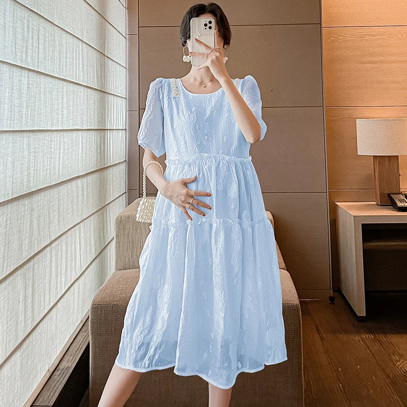 Women's Polyester O-Neck Short Sleeves Solid Maternity Dress