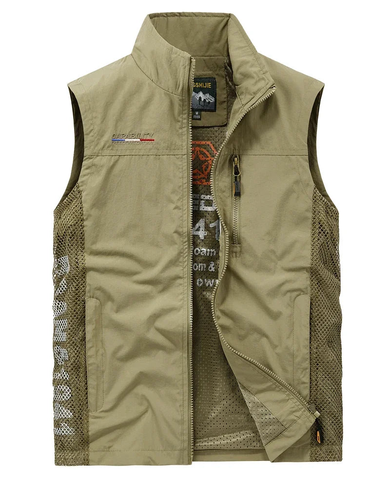 Men's Polyester Stand Collar Sleeveless Zipper Closure Solid Jacket