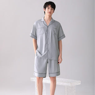 Men's Rayon Short Sleeve Turn Down Collar Geometric Sleepwear Set
